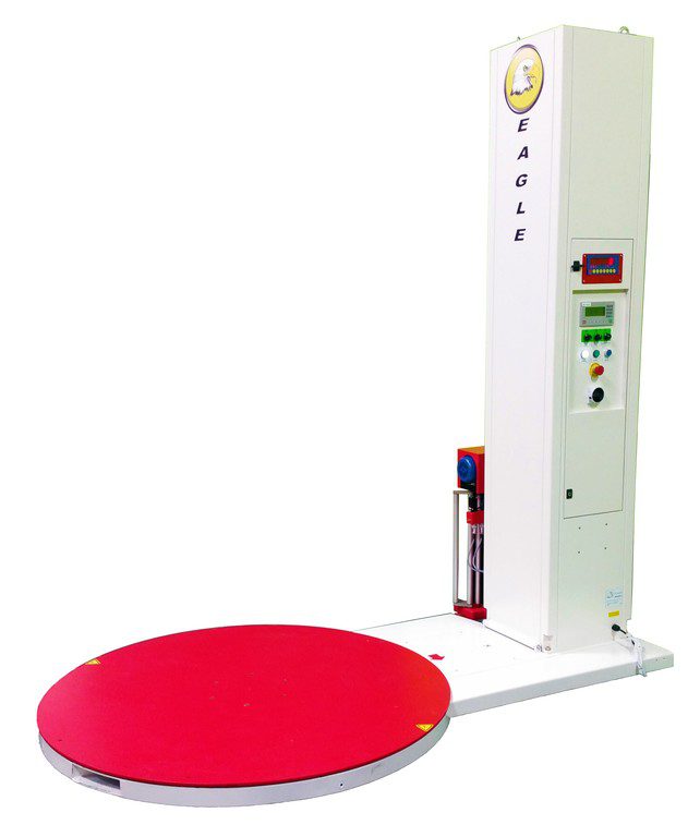 White column pallet wrapper with red turntable