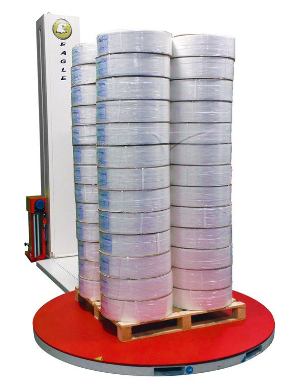 Stacked rolls on a stretch wrapper