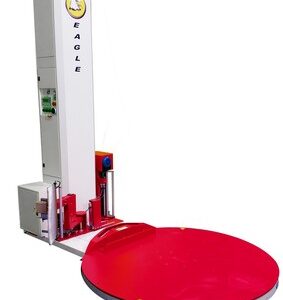 Red circular turntable pallet wrapper with mast