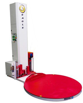 Red circular turntable pallet wrapper with mast