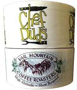 A coffee bag from Vail Mountain Coffee Roasters with Chef Buds branding.