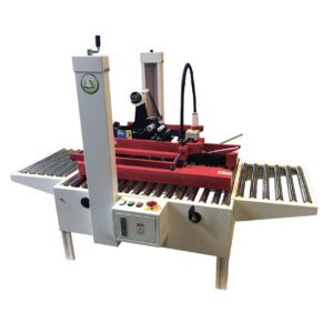 Red and white case sealer on rollers