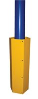Yellow protective guard around a blue metal pole.
