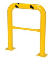 Yellow metal safety barrier with a horizontal bar and mounting base.