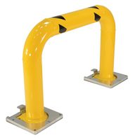 Yellow metal safety barrier with black warning stripes.