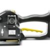 Close-up of a black and yellow handheld plastic tool with a trigger handle.