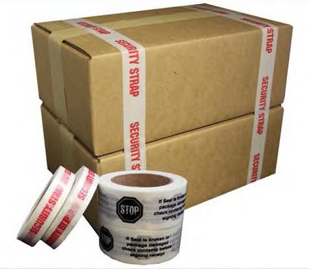 Stacked cardboard boxes with security tamper-evident seals.
