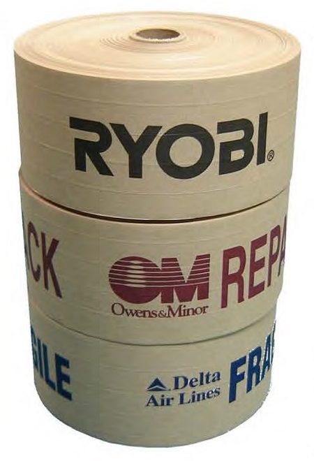 Stacked rolls of branded tape with various company logos.