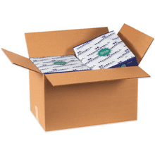 Open cardboard box with reams of paper