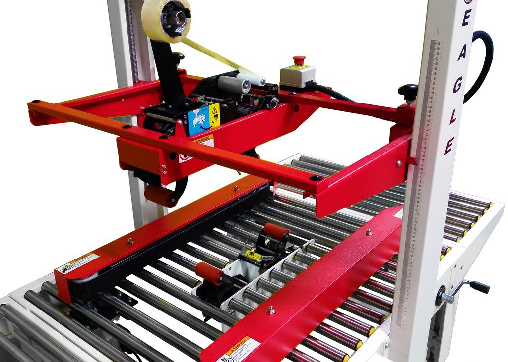 Red carton sealer with tape head and rollers