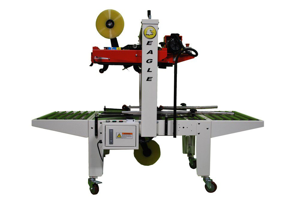 Industrial carton sealing machine with conveyor rollers