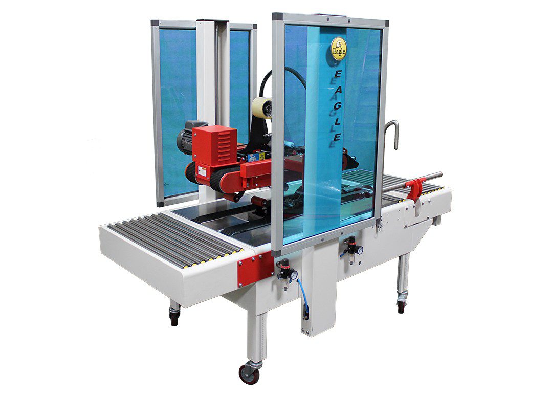 Industrial packaging equipment with red components