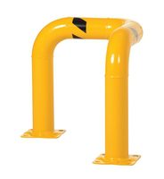 Yellow metal safety barrier with black stripes.