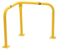 Yellow metal safety barrier with three legs and black stripes.