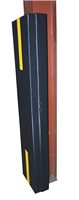 Close-up of a black and red ski with yellow accents.
