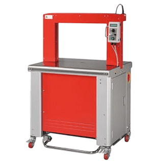 Red strapping machine on caster wheels