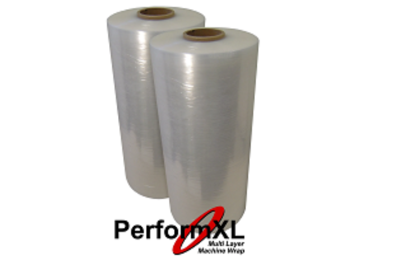 Two clear machine stretch wrap rolls labeled PerformXL