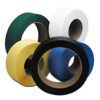 Blue, black, yellow poly strap rolls