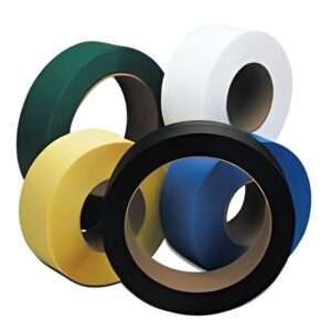 Blue, black, yellow poly strap rolls