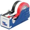 Blue desktop tape dispenser holding three colored rolls