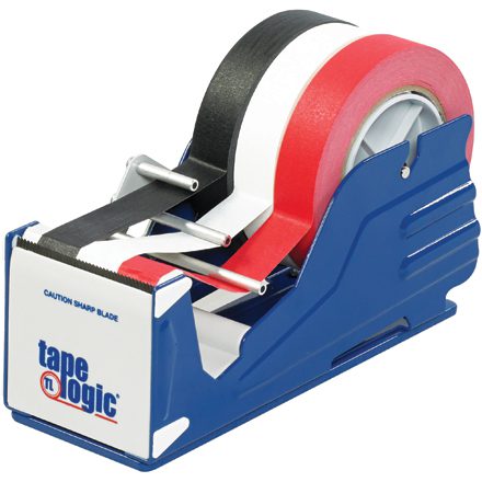 Blue desktop tape dispenser holding three colored rolls