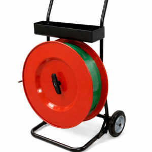 Wheeled cart with red strapping reel