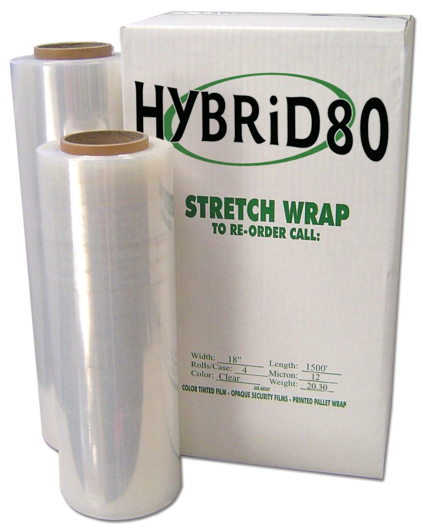 Two clear stretch wrap rolls beside printed box