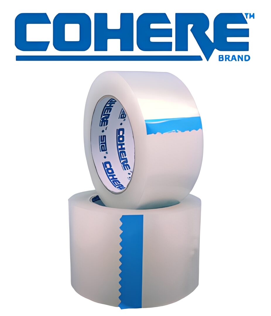 Two rolls of clear packing tape, Cohere logo