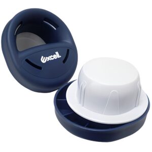 Navy and white round pill organizer with lid