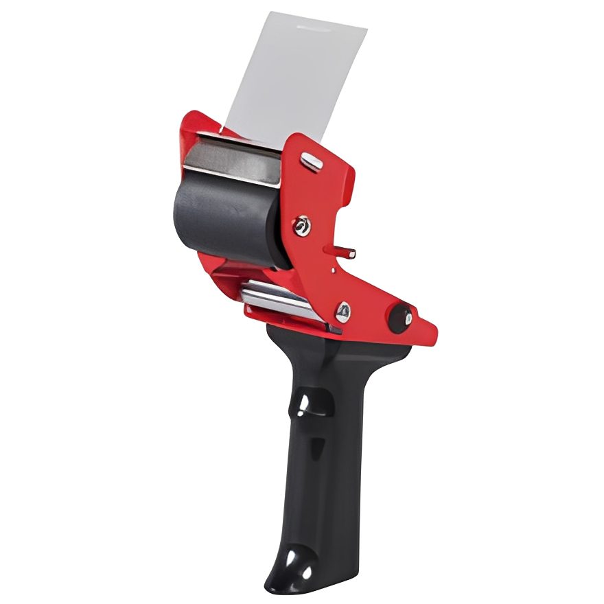 Red handheld packing tape dispenser with tape