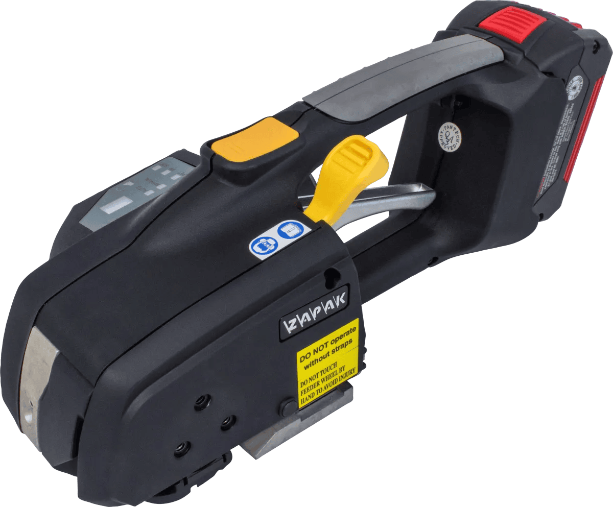 Battery-powered strapping tool with yellow lever