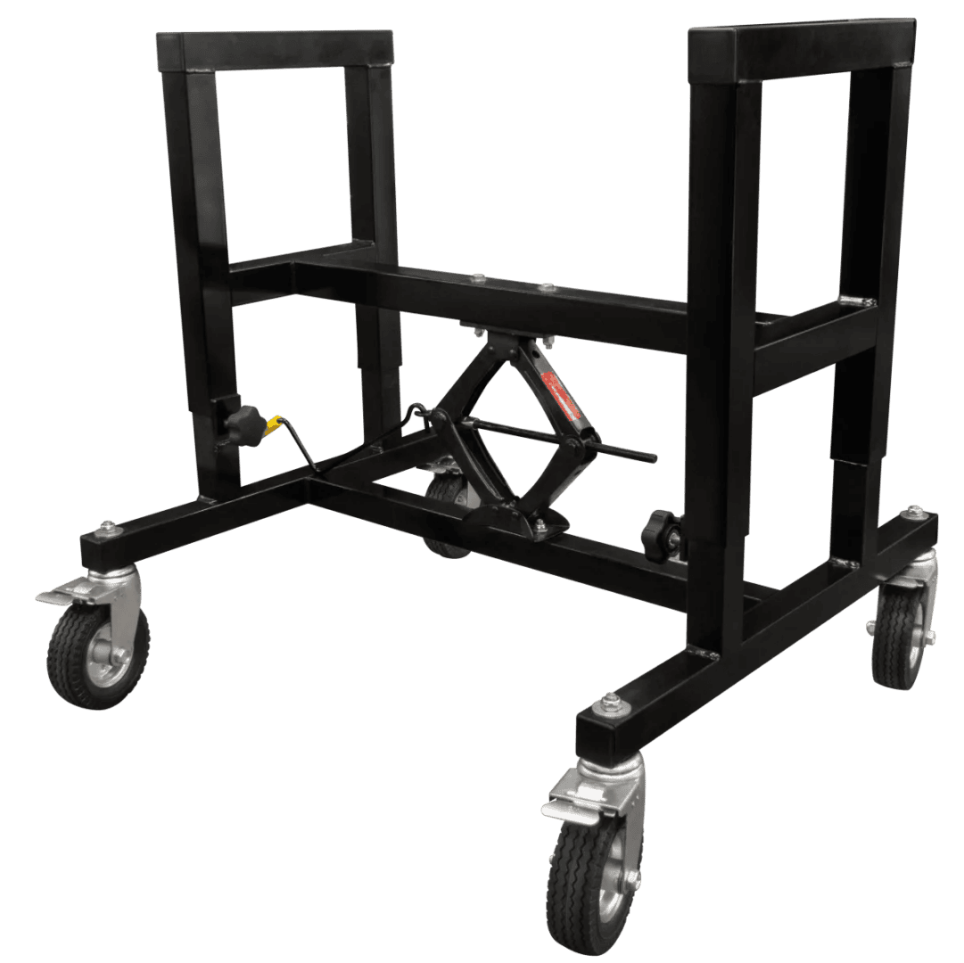 Black wheeled metal stand with scissor jack