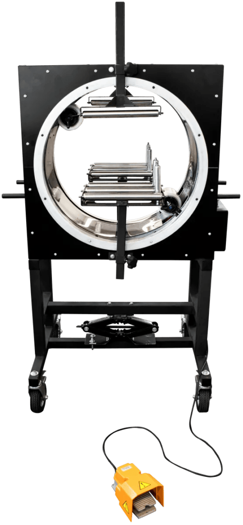 Industrial rotary drum with rollers and foot pedal