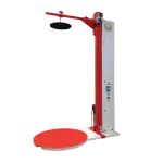 Industrial machine with red arm and round platform