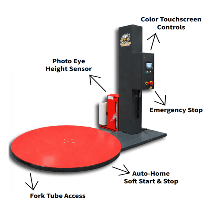 Pallet stretch wrapping machine with red turntable