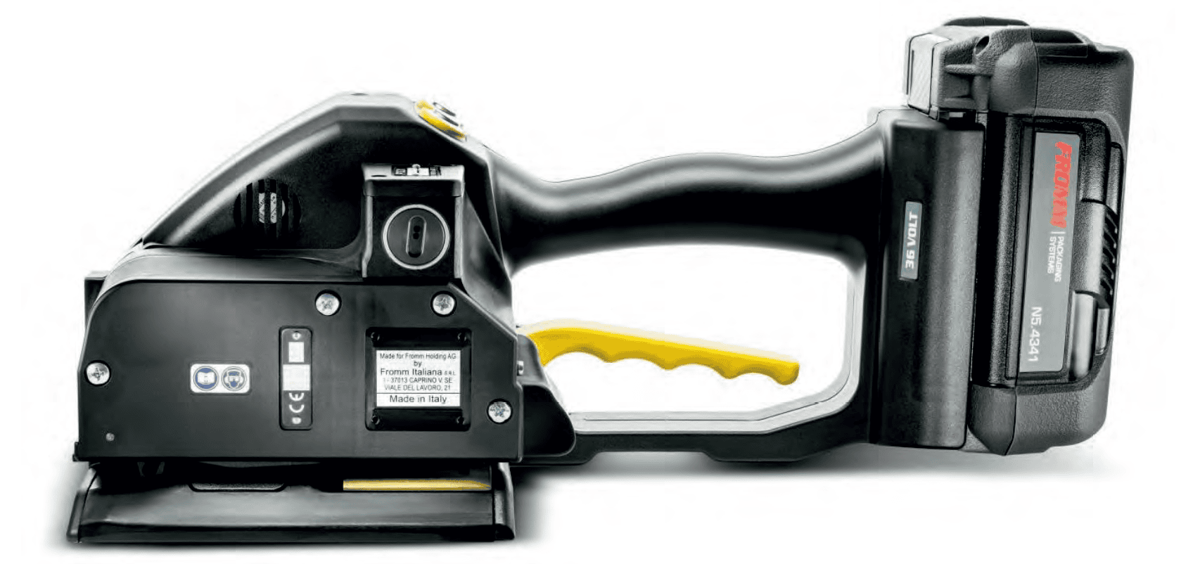 Cordless strapping tool with yellow trigger