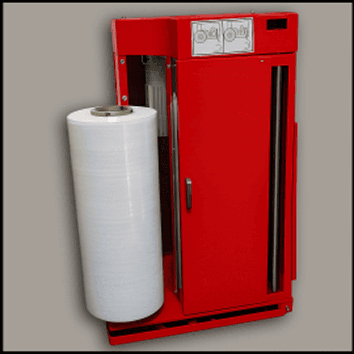 Red pallet wrapping machine with white film roll