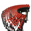 FLEXIBLE CONVEYOR: Expandable from 5′ to 15′, 18″ Wide, Steel Frame, Red Plastic Skate Wheels, Height Adjustable Legs from 23.5″ to 36″ Working Height, Steel Back Stop